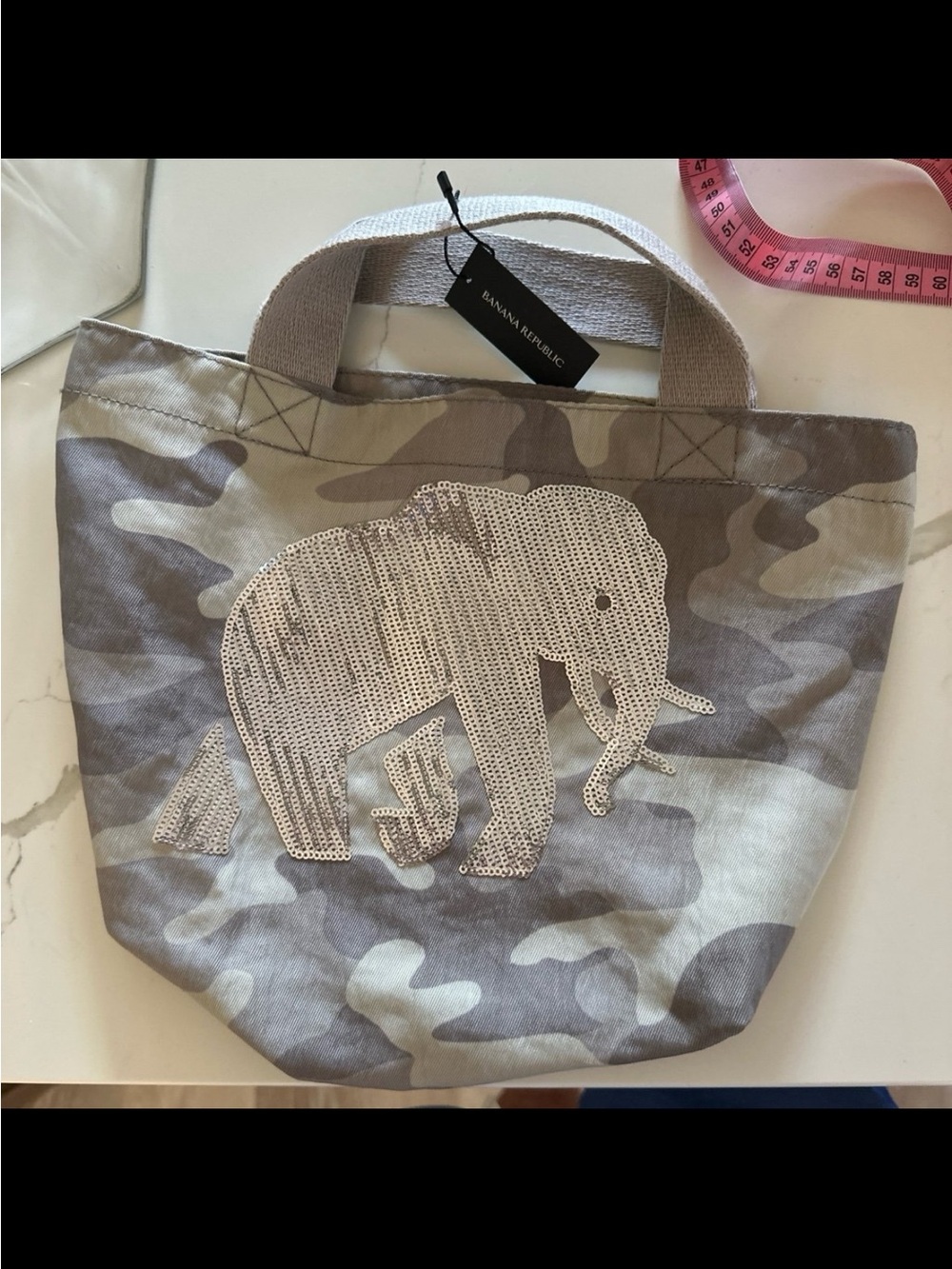 Banana Republic Sequin Elephant Camo print Tote Bag Purse  Canvas Small NWT